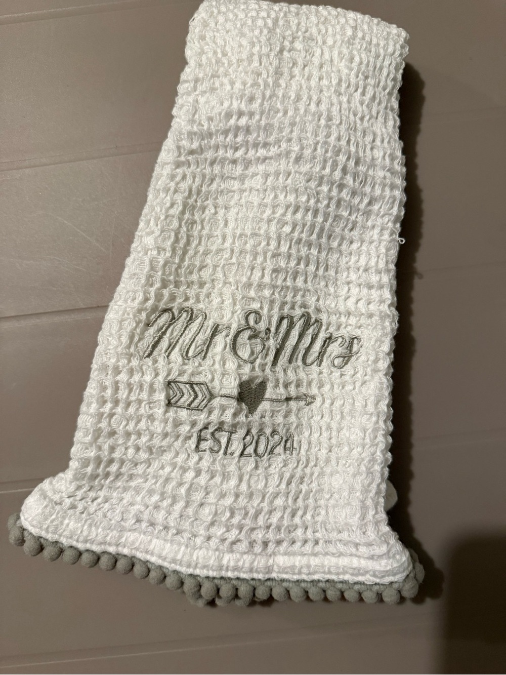 Anthropologie White "Mr & Mrs" Waffle Weave Hand Towel with Gray Trim